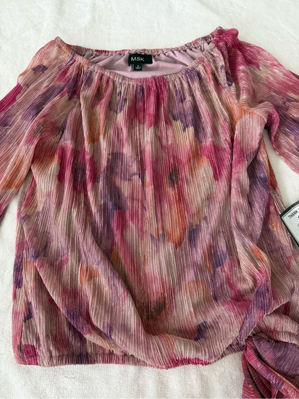 MSK pink and purple metallic pleated off-the-shoulder floral blouse Medium D98